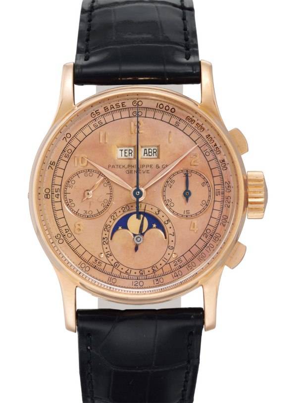 This Patek Philippe 18k pink gold perpetual calendar chronograph, circa 1945, was sold at Christie’s for $674,500.