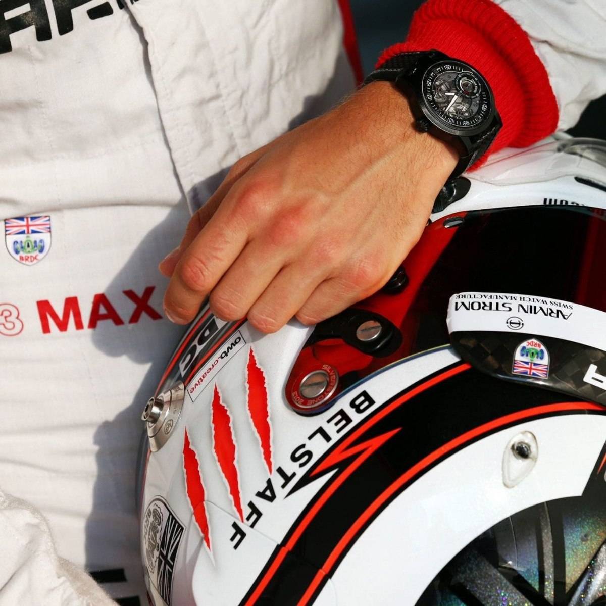 Max Chilton wearing his very own Armin Strom One Week Earth Skeleton