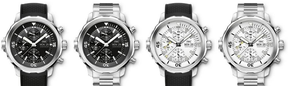 The Aquatimer Chronograph is available in four models, with a black or silver-plated dial and with a rubber strap or stainless steel bracelet.
