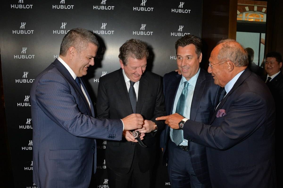 TGP_058England Manager Roy Hodgson with Hublot CEO Ricardo Guadalupe, Hublot Americas' Exclusive Partner, Rick de la Croix, and Marcus Margulies of Marcus Watches.  