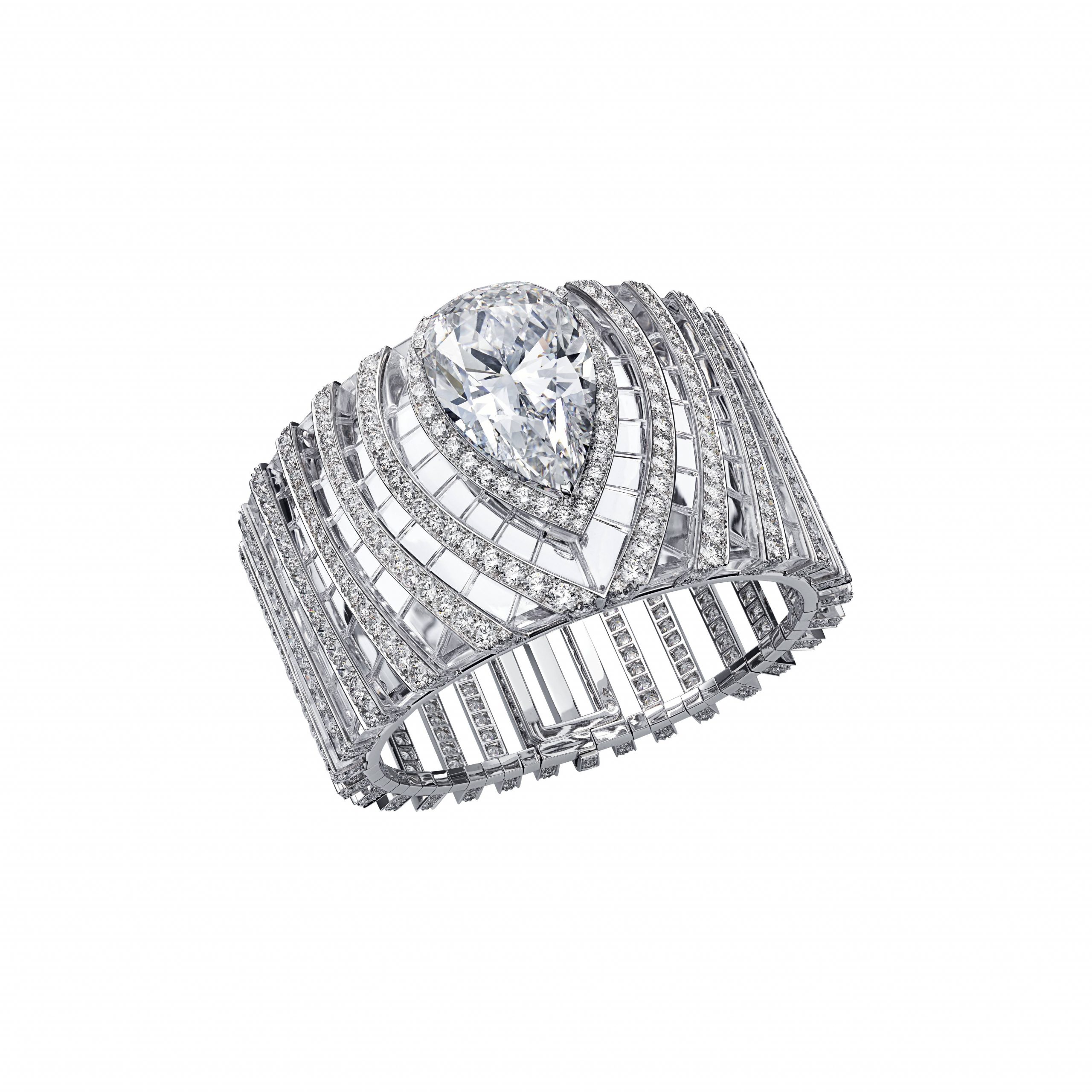 High Jewelry bracelet, Collection L'Odyssée de Cartier, white gold, one 63.66 carat pear-shaped D IF diamond, rock crystal, brilliants