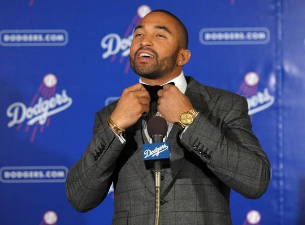 Matt Kemp wearing a Gold Rolex Presidential for the Signing of LA Dodgers